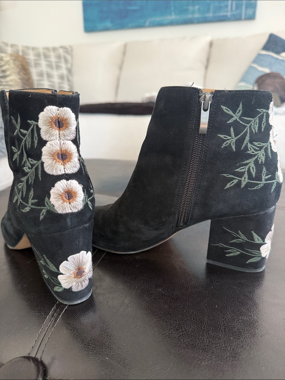 Franco Sarto Black Suede Floral Embroidered Ankle Boots